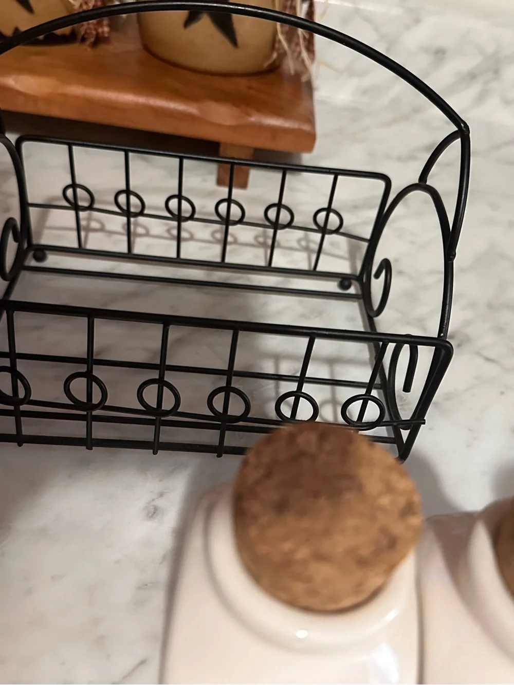 Rae Dunn White Ceramic Spice Jar Set with Cork Lids and Black Wire Rack